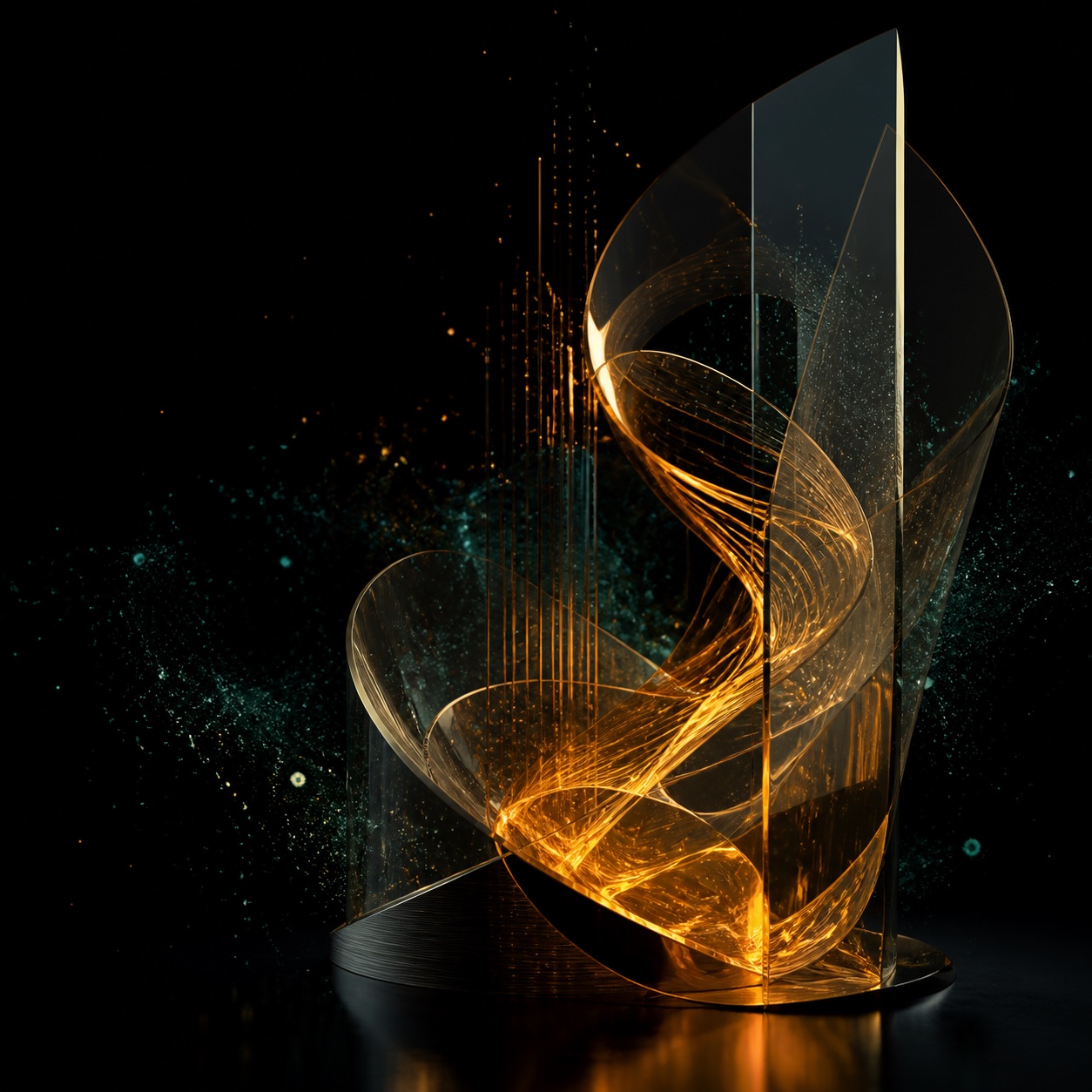 Abstract amber-gold glass sculpture surrounded by teal particles