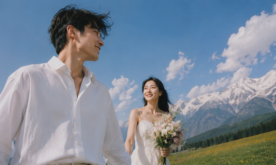 Romantic couple portrait beneath a blue mountain sky