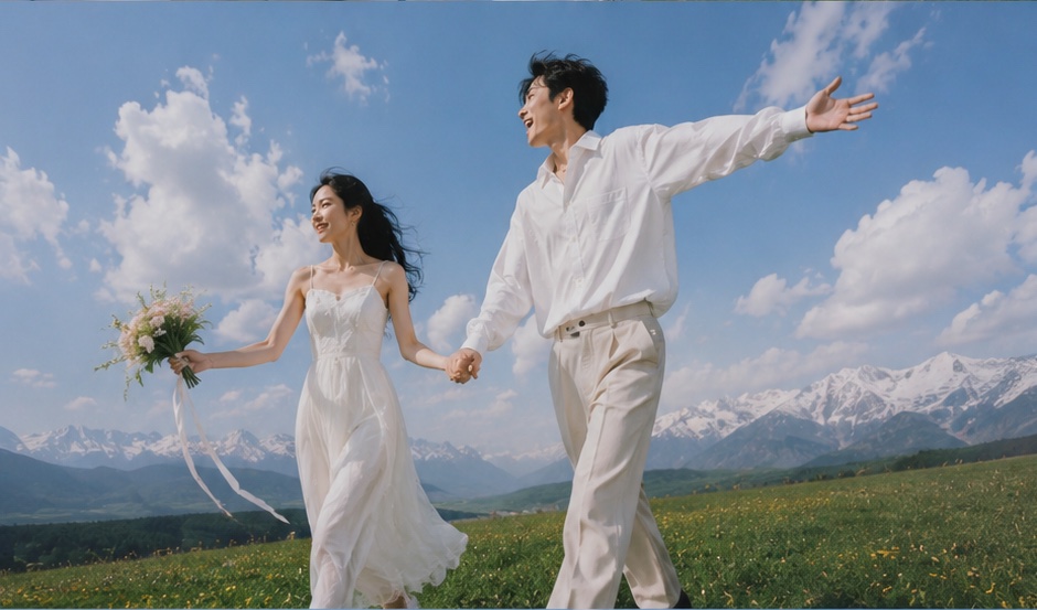 Couple running hand in hand through a mountain meadow