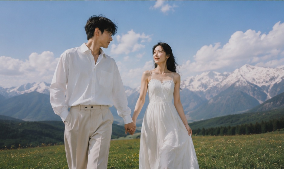 Couple walking together in a mountain meadow